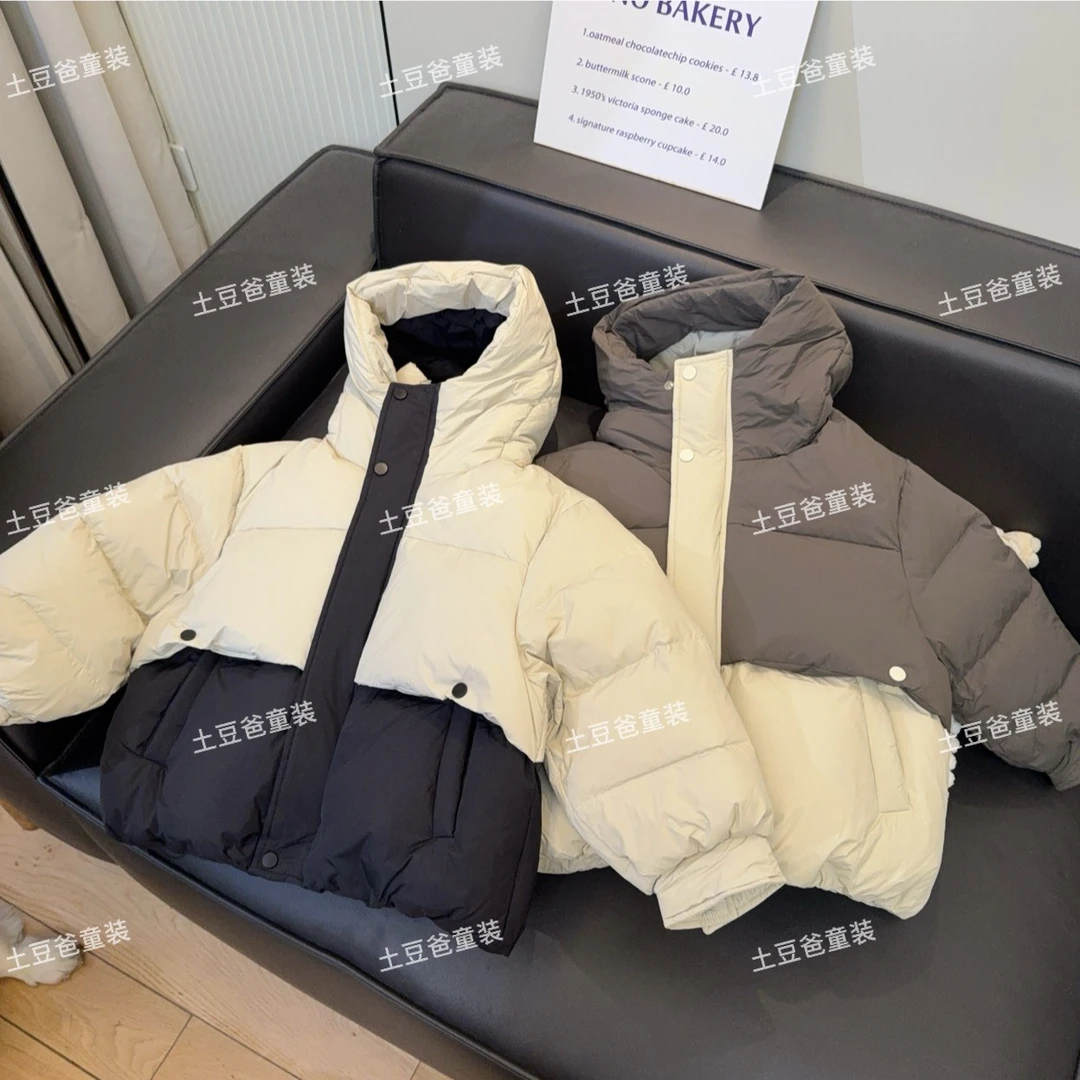 时尚拼色儿童棉服2025冬季新款连帽加厚宽松设计感保暖面包服