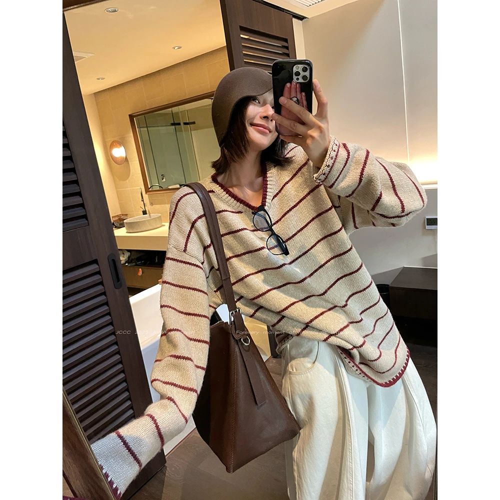 JCCC影子【平行温度】红卡其条纹慵懒廓形套头针织毛衣JE5IZS11