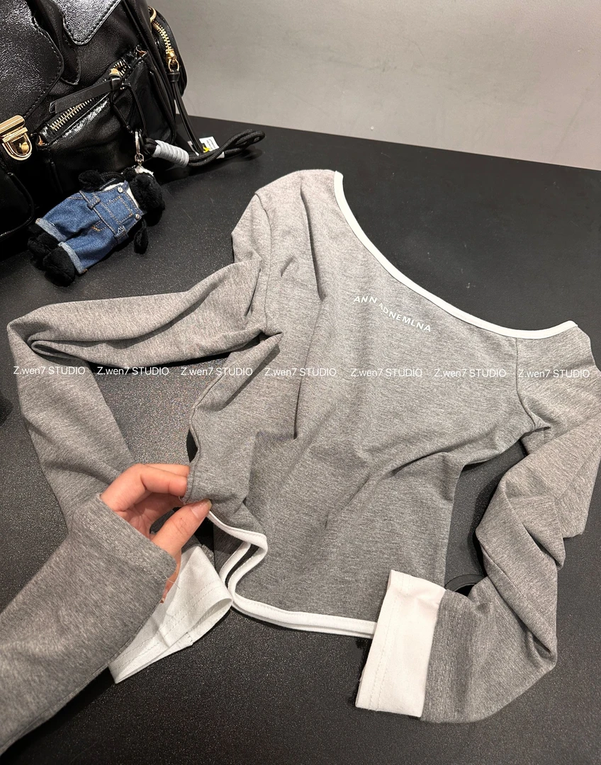 2025春夏新款显瘦百搭潮流气质拼色斜肩T恤