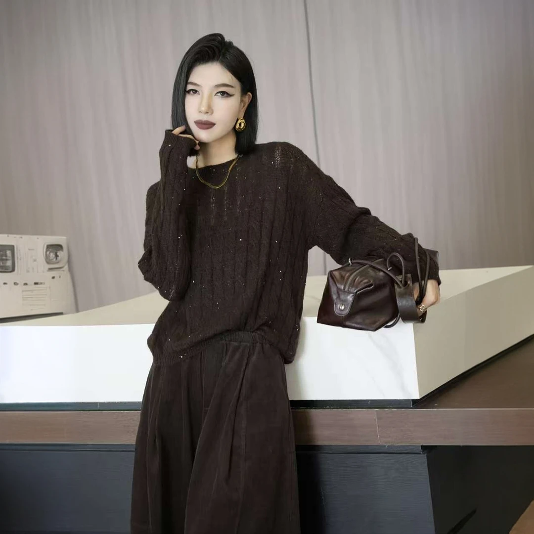 POPULARYW【苔痕向晚】Z·R上品屋 时尚设计感细闪长袖圆领T恤上衣