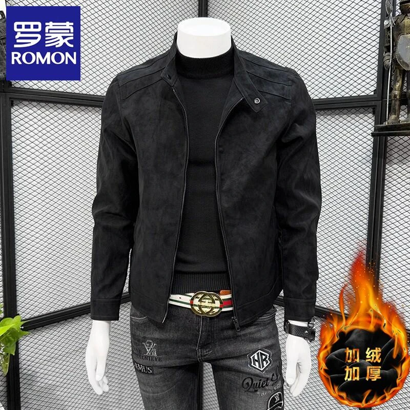 Romon/罗蒙仿麂皮皮衣男士秋冬季新款痞帅立领修身皮夹克外套百搭