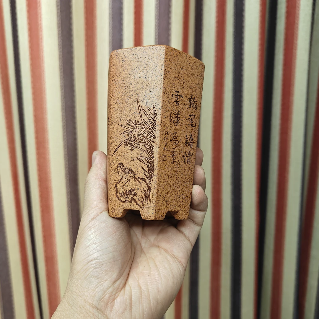 精品高温柴烧六方签筒室内桌面兰草悬崖松柏花盆［内径6.5*11.5］