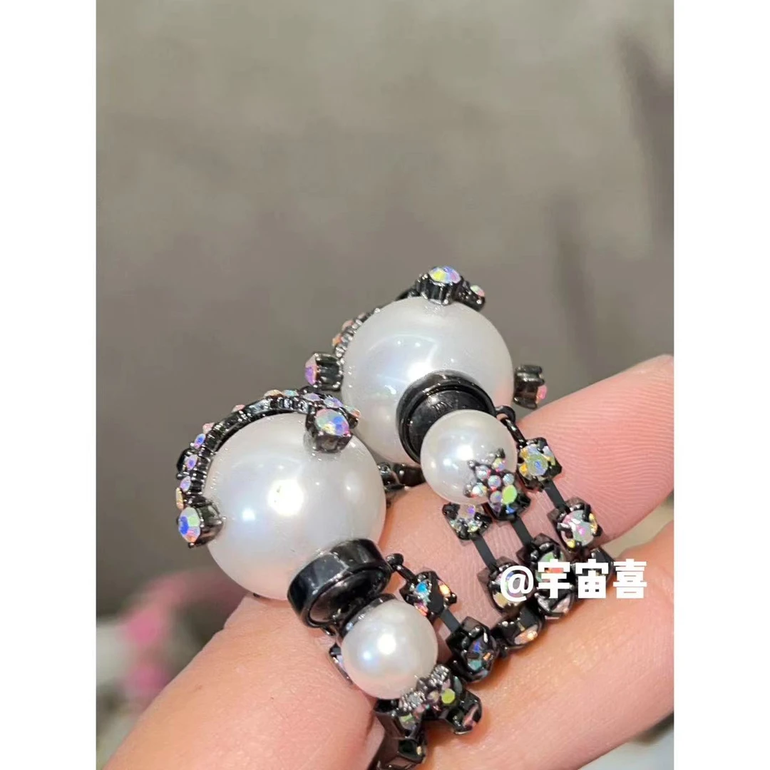 铜合金锆石耳饰  E3-050【枪色蝴蝶前后贝珠流苏锆石耳钉】