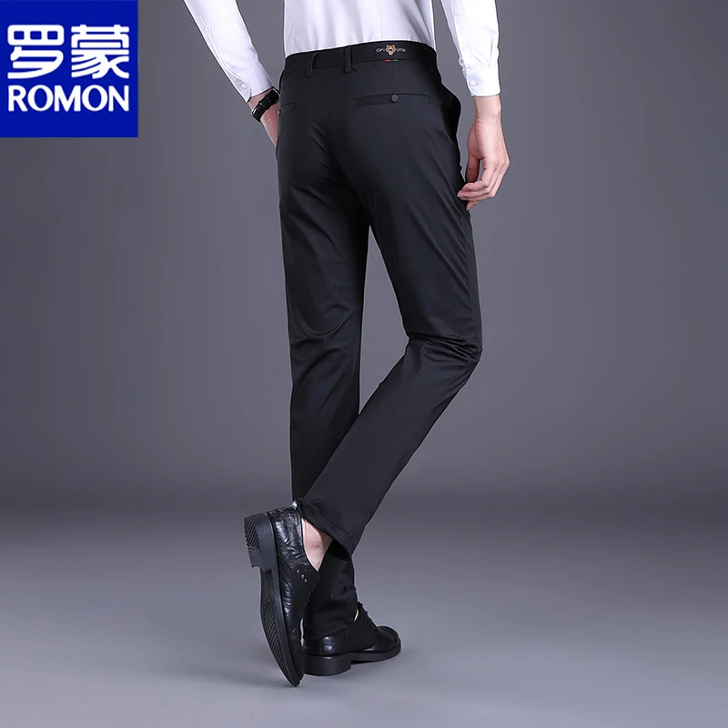 Romon/罗蒙刺绣弹力抗皱休闲裤冬季百搭男士休闲西装裤直筒长裤子