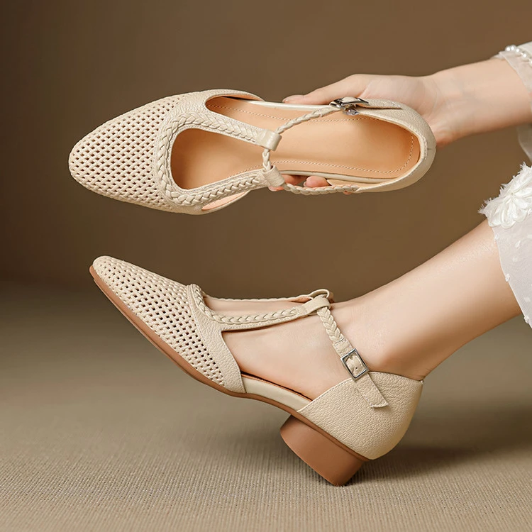 鱼嘴高跟拖鞋水晶成都时装单鞋2025年夏季粗跟百搭真皮女时尚中跟