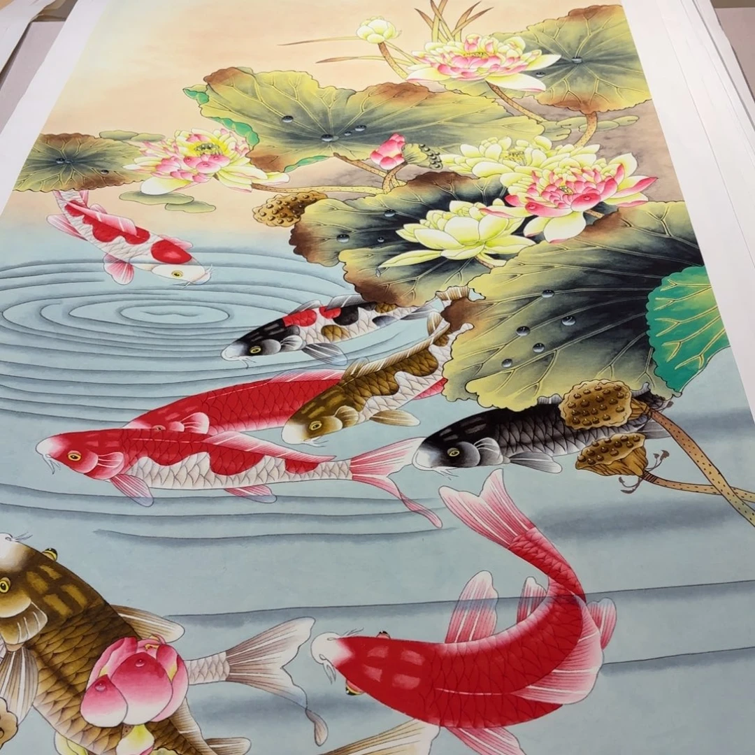 青***翼国画精品工笔九鱼图