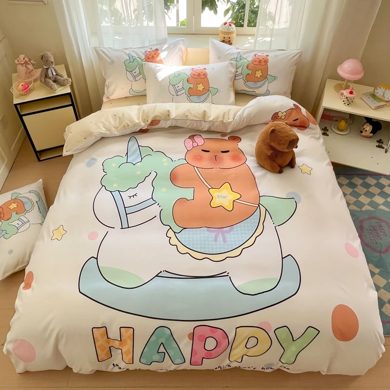 卡皮巴拉四件套全棉纯棉床品儿童床单被套卡通学生宿舍床上三件套