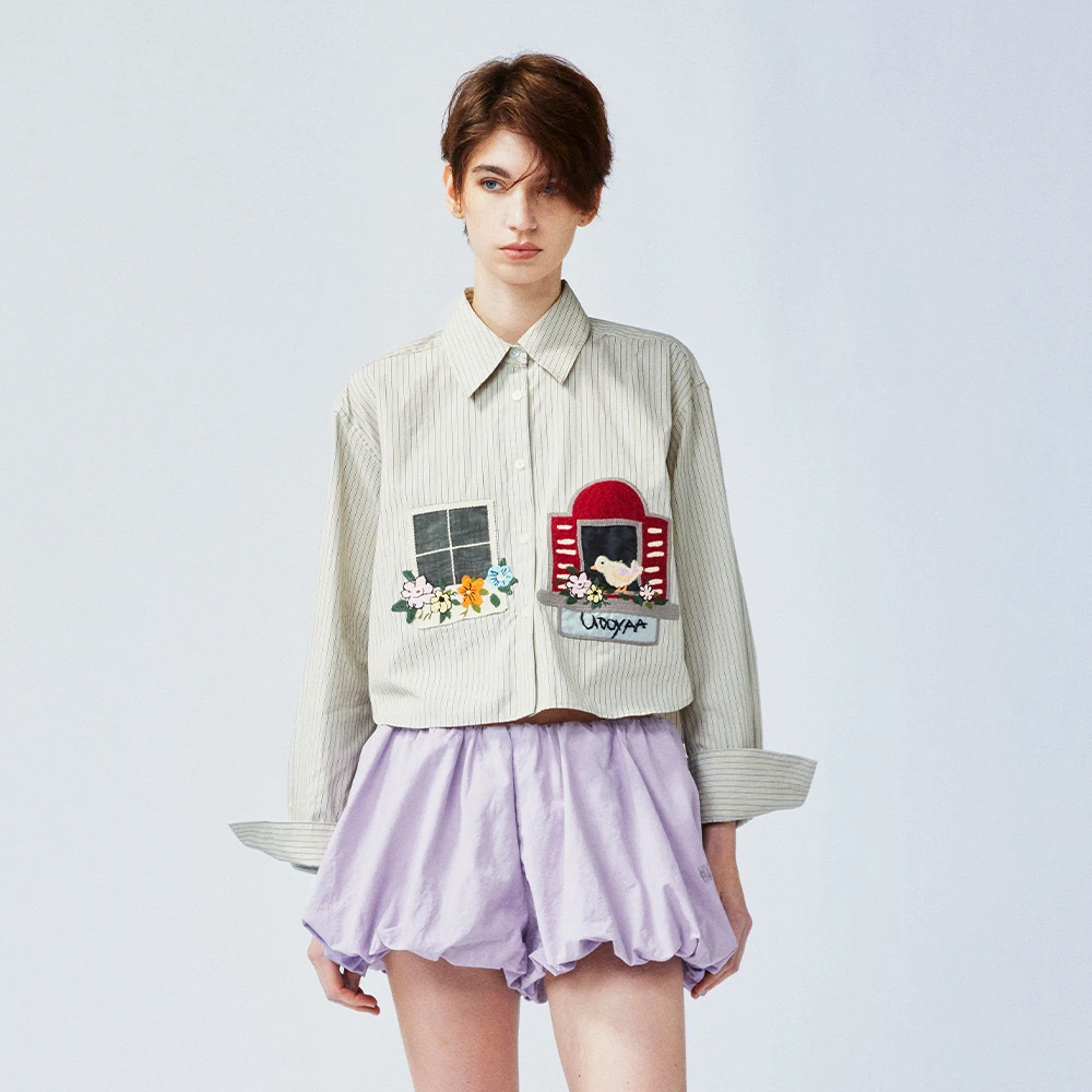 UOOYAA/乌丫「我爱我家」趣味房子钩针刺绣条纹衬衫UY25122C154202