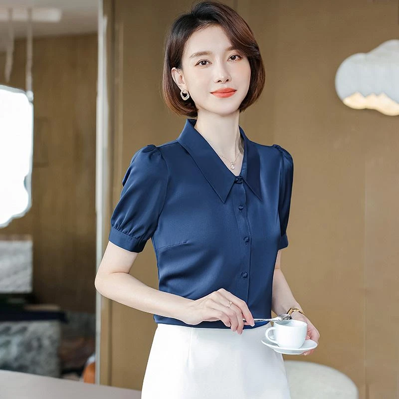 醋酸缎面蓝色衬衫女职业正装夏季时尚洋气高级感气质短袖衬衣工装
