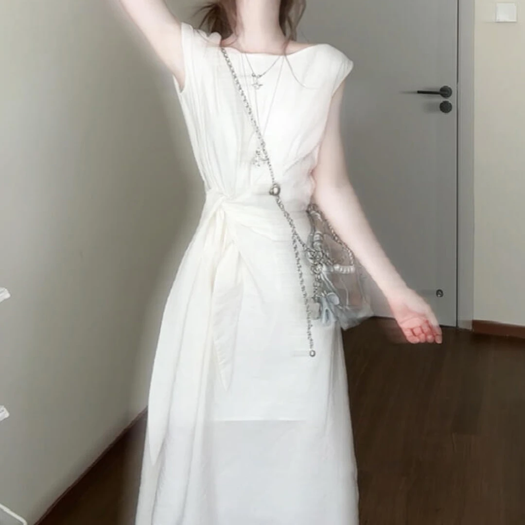 法式白色无袖连衣裙子女夏季2025新款爆款高级感收腰显瘦气质长裙