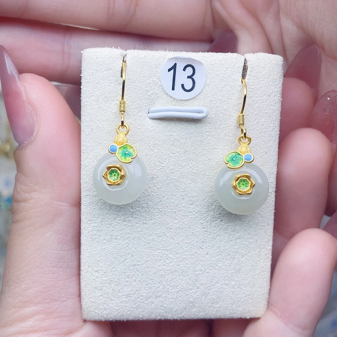 和田玉银S925镀金镶嵌耳饰