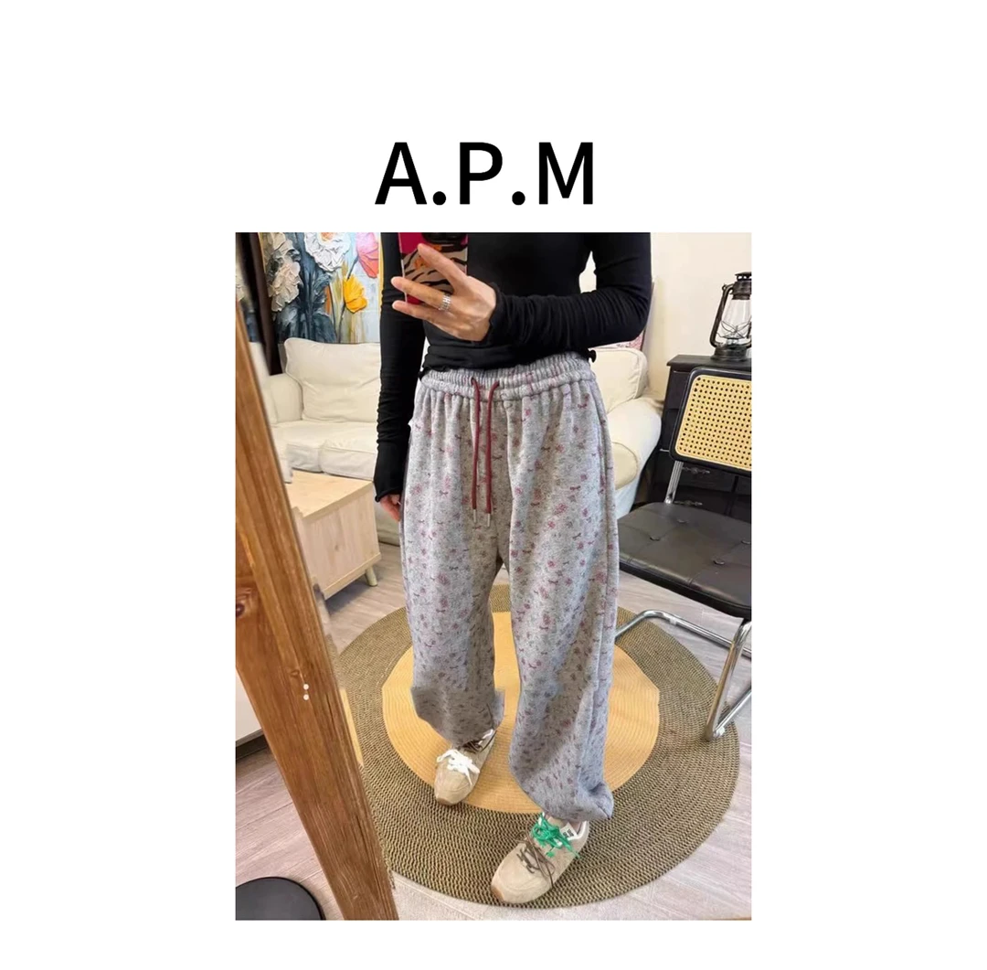 高美美-【初春小碎花】韩系街头时尚休闲百搭旅游磨绒抽绳阔腿裤-B