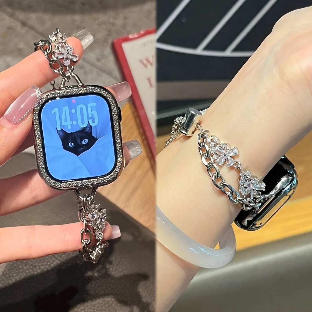 适用iwatch苹果手表表带s10金属S9水晶花镶钻JY腕带s876女款夏天