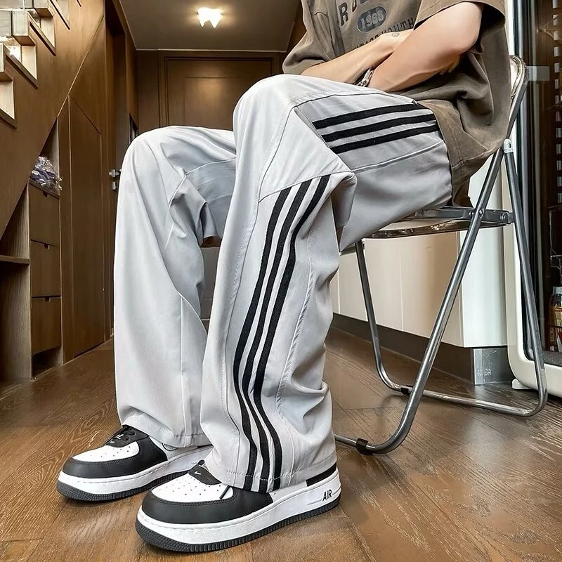 男士夏季薄款条纹速干冰丝裤子宽松阔腿男生运动裤青少年休闲长裤