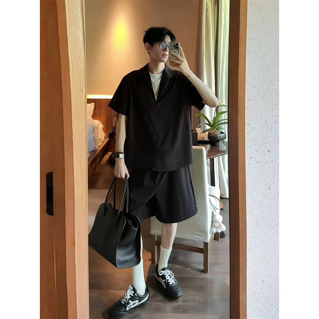 老钱风假两件亚麻套装男夏薄款痞帅高级感穿搭短袖短裤棉麻一整套