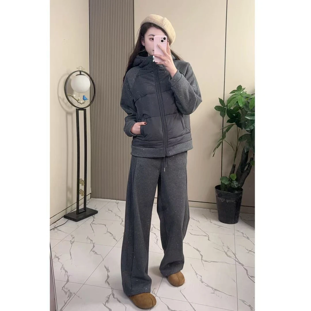 冬季棉服套装女士加绒加厚防风连帽套装  B611