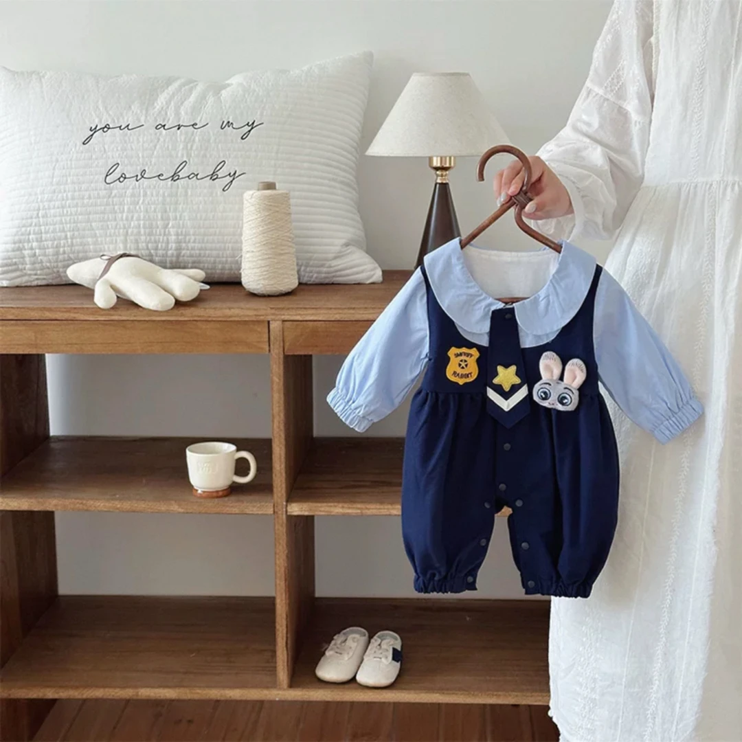 2025新款纯棉单层兔子警官春秋韩版洋气超萌连体哈衣女宝宝爬服