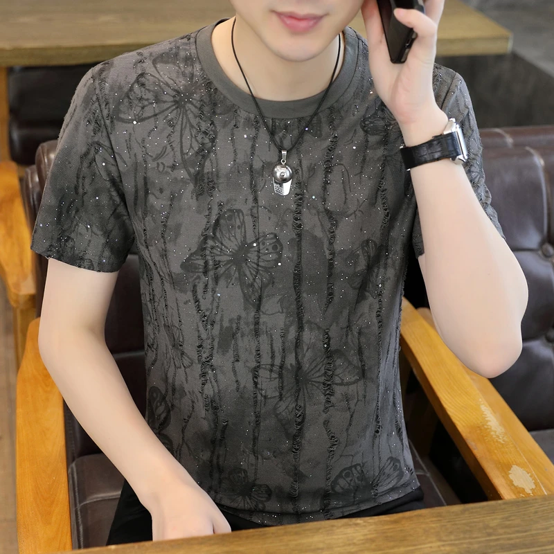 夏季新款短袖圆领镂空T恤男士透气t恤潮流青年运动时尚印花半袖男