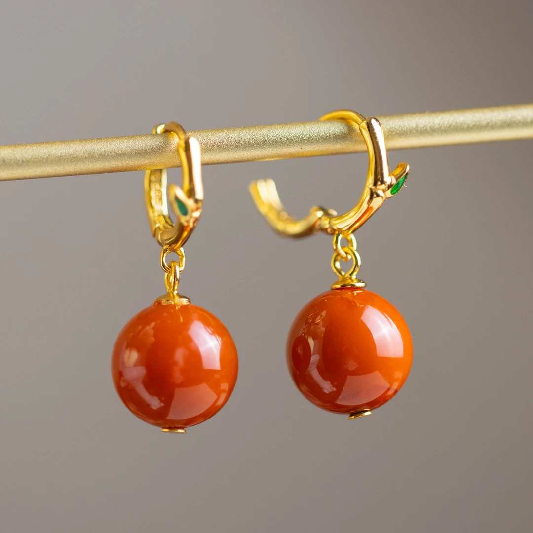 S925银镶嵌南红圆珠耳扣