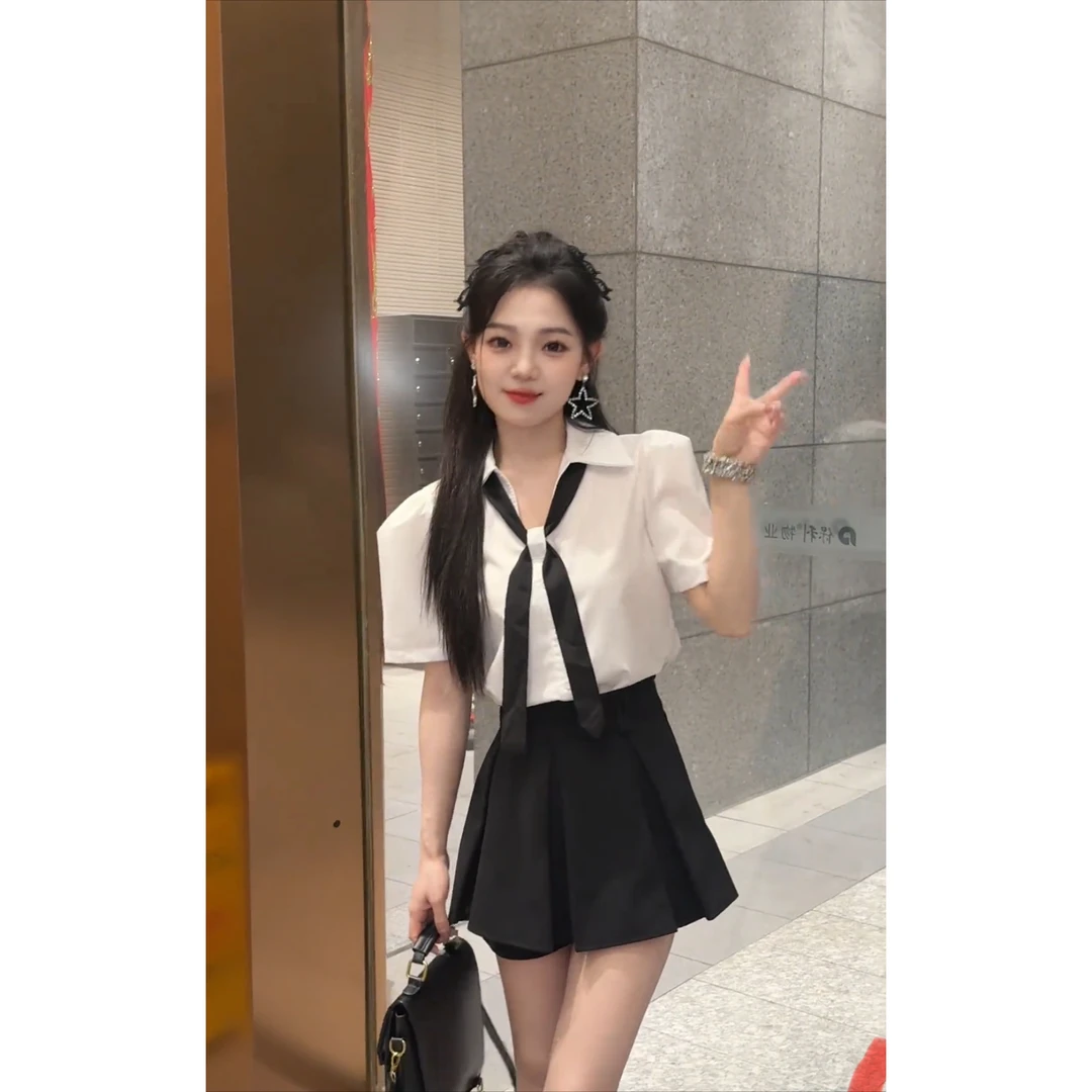 韩版宽松洋气休闲百搭短袖V领配领带灰色衬衫半身裙两件套套装女