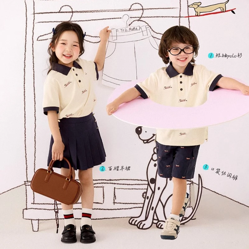 学院夏季休闲风衬衫短袖休闲女童翻领薄款POLO衫男儿童