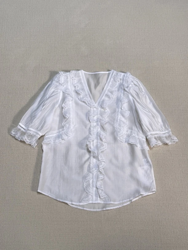 21s069夏季新款蕾丝拼接v领长袖衬衫