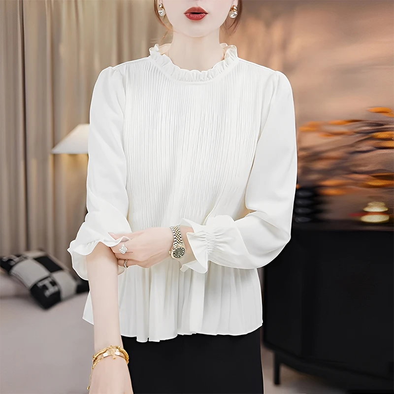 法式衬衫女春秋轻奢高级感雪纺衫2025新款立领上衣珍珠打底衫衬衣