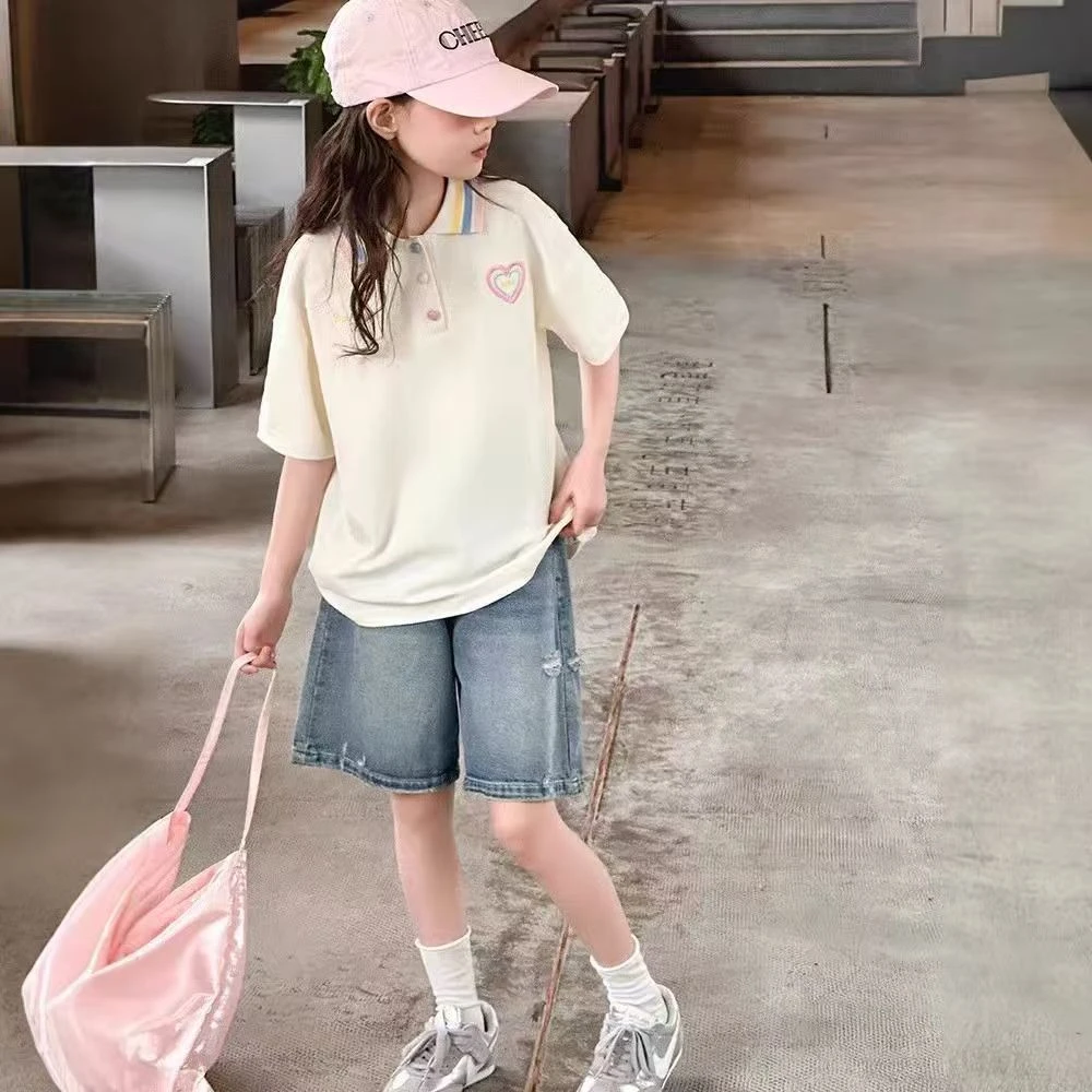 女童夏季翻领白色短袖polo衫中大童洋气休闲宽松百搭夏款韩版童装