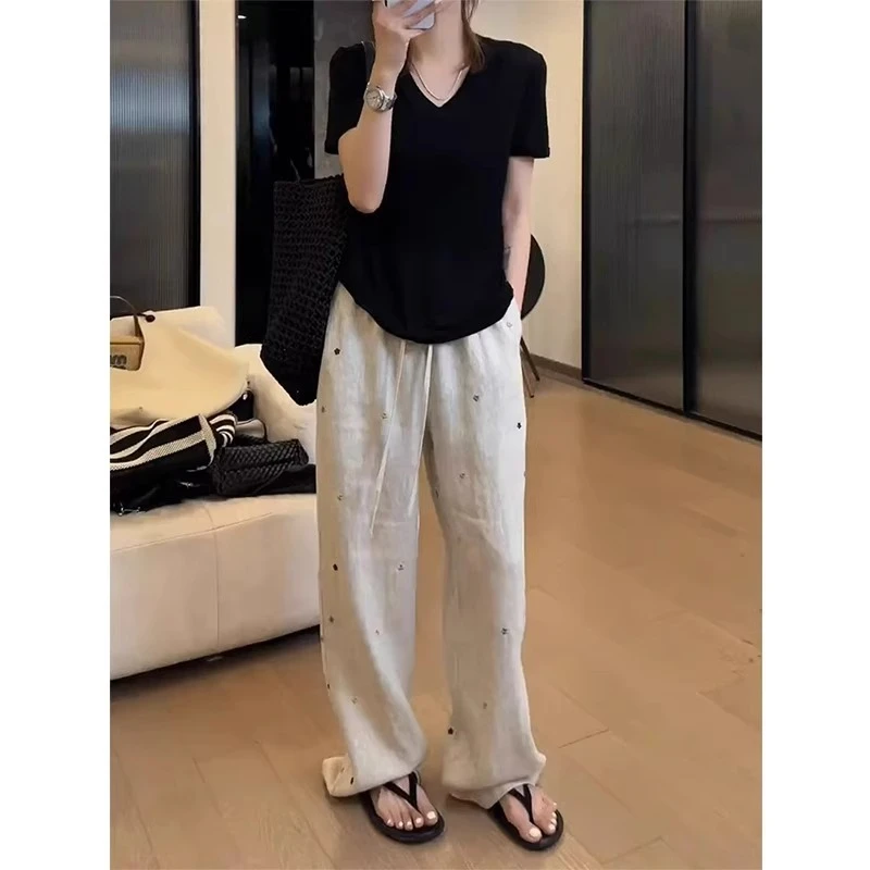 亚麻阔腿休闲裤女夏季薄款大码高腰宽松显瘦刺绣抽绳直筒拖地裤子