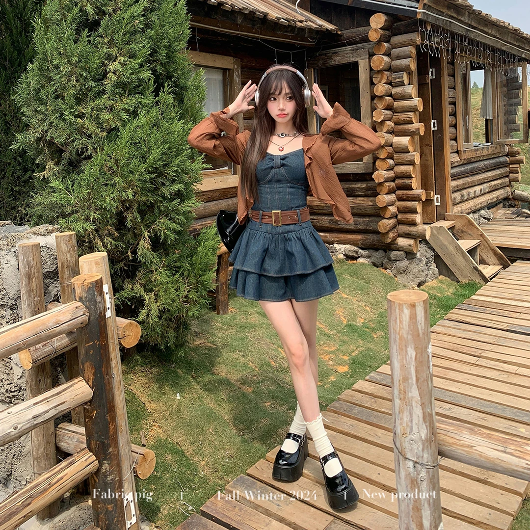 西西里女孩 织物猪原创 废土牛仔吊带连衣裙女夏季甜辣风短裙开衫