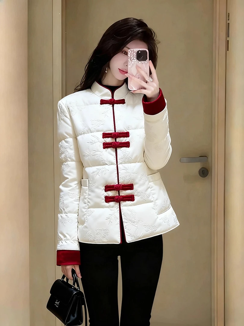 今年流行撞色新中式国风盘扣棉服女冬巨好看加厚保暖棉袄短款外套
