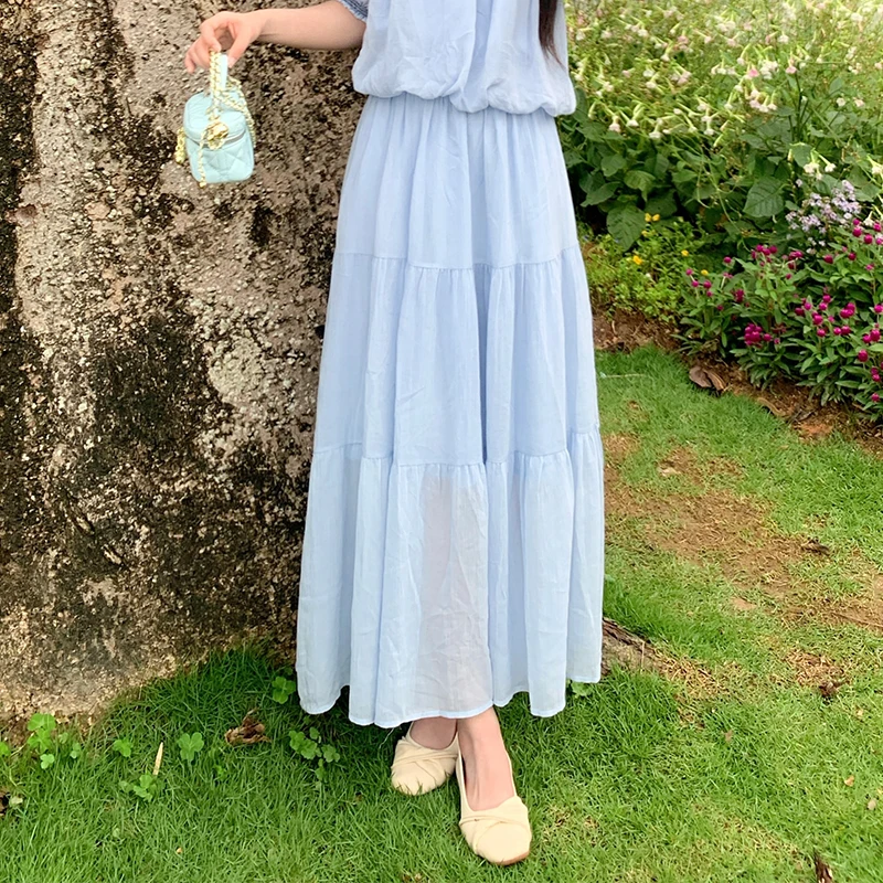 慕兔温柔风甜美减龄蓝色半身裙2025夏季新款百搭高腰显瘦A字长裙