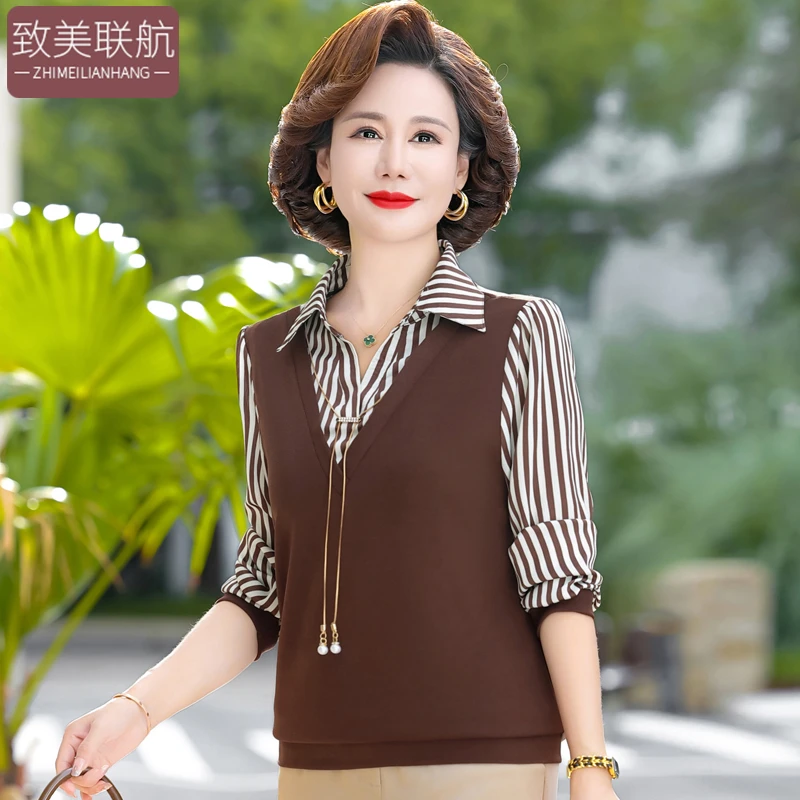 妈妈秋装长袖衬衫假两件洋气中老年女装春秋上衣宽松遮肚打底小衫