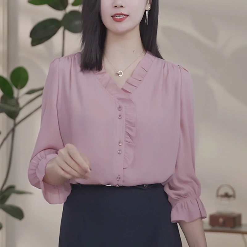 温婉大方法式粉色V领衬衫女士2025夏季新款高级感洋气减财阀千金