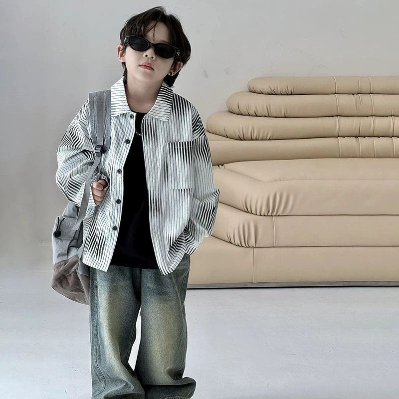 儿童条纹衬衫2024年秋季洋气男童秋装上衣男孩宝宝秋款竖条衬衣潮