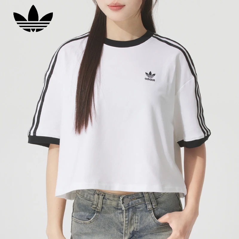 adidas/阿迪达斯25夏季透气t恤女装短款纯棉宽松露脐运动短袖t恤
