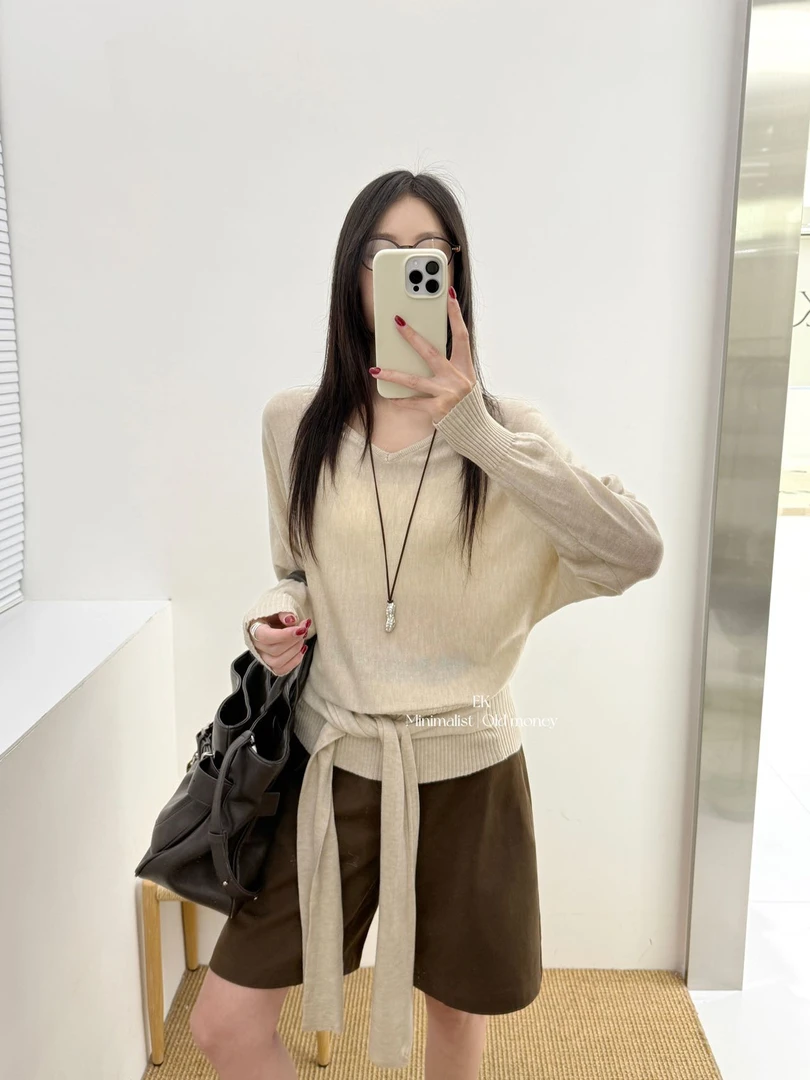 简约高级设计绑带防晒针织衫女早秋新款宽松慵懒长袖上衣1167