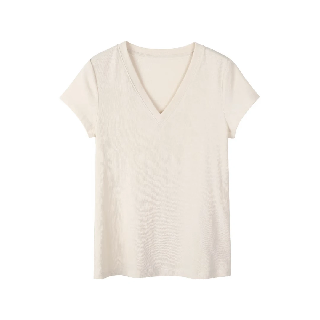 30565【IR订单】夏款法式正肩V领短袖亚麻针织T恤0177