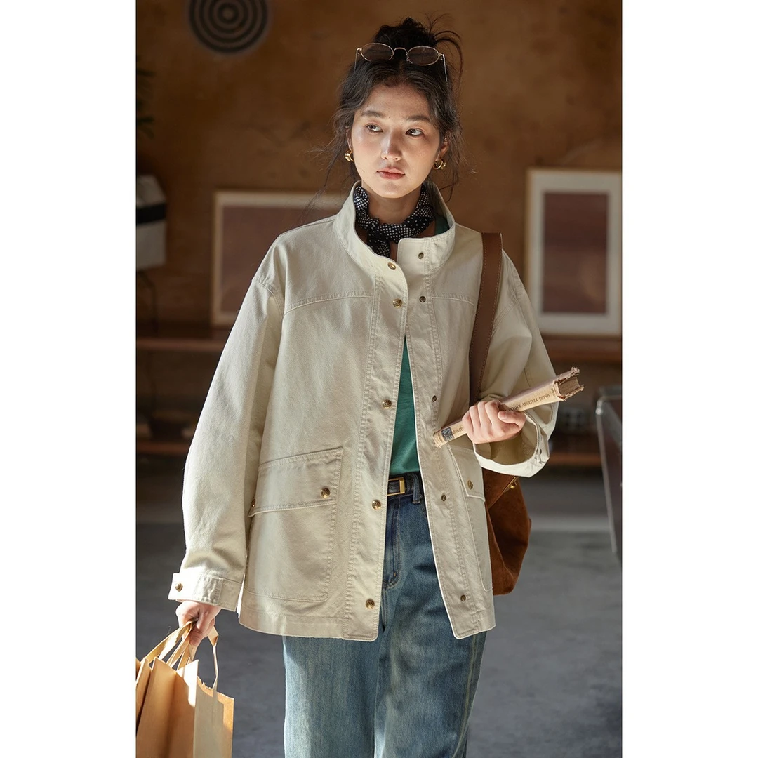solighter 法式复古立领宽松工装夹克外套女秋季款小个子百搭上衣