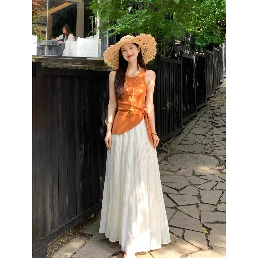 夏季新款法式气质圆领针织衫背心女开叉绑带收腰上衣+半身裙套装