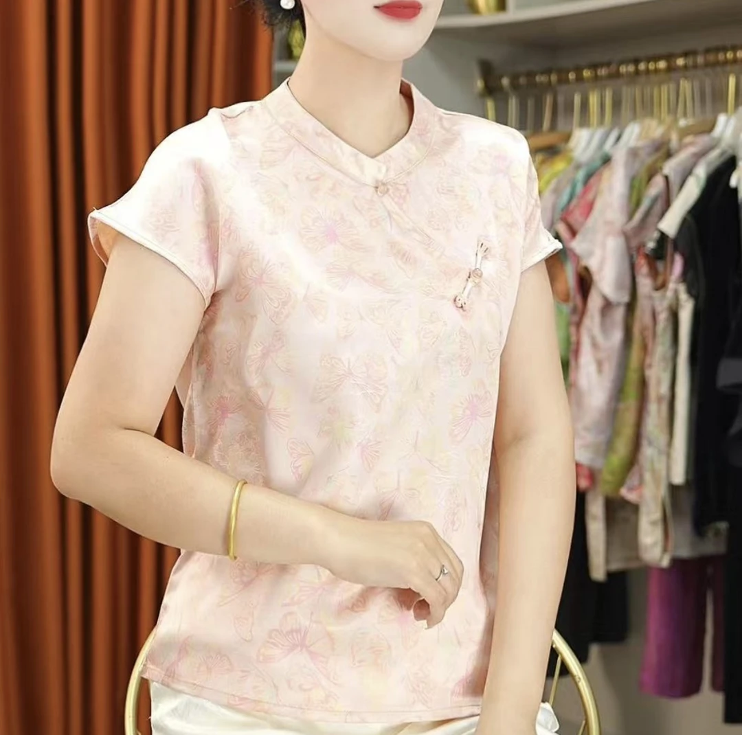 夏季新款新中式斜襟坎袖衬衫女温柔气质国风背心上衣