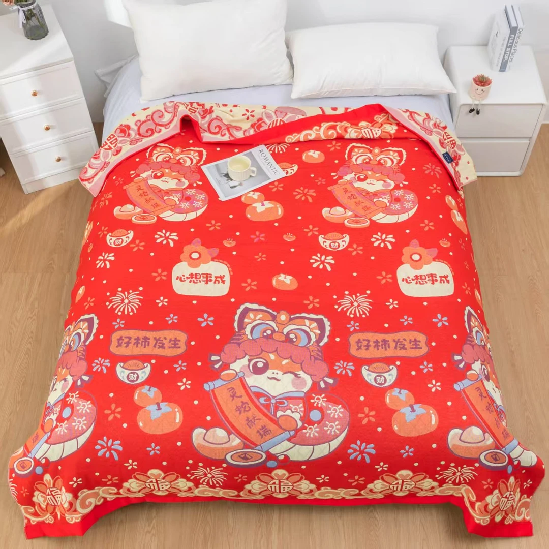 [万事如意纱布盖毯]2*2.3透气舒适多功能新款双人时尚盖毯大红