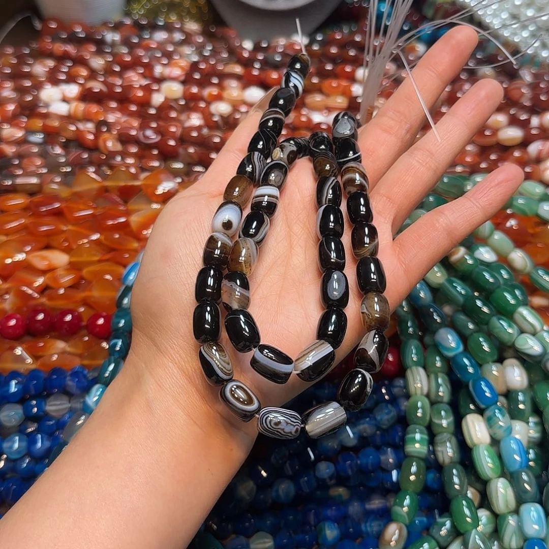 玛瑙/玉髓合金珠宝半成品黑玛瑙蚕丝桶珠一条10✖️14mm