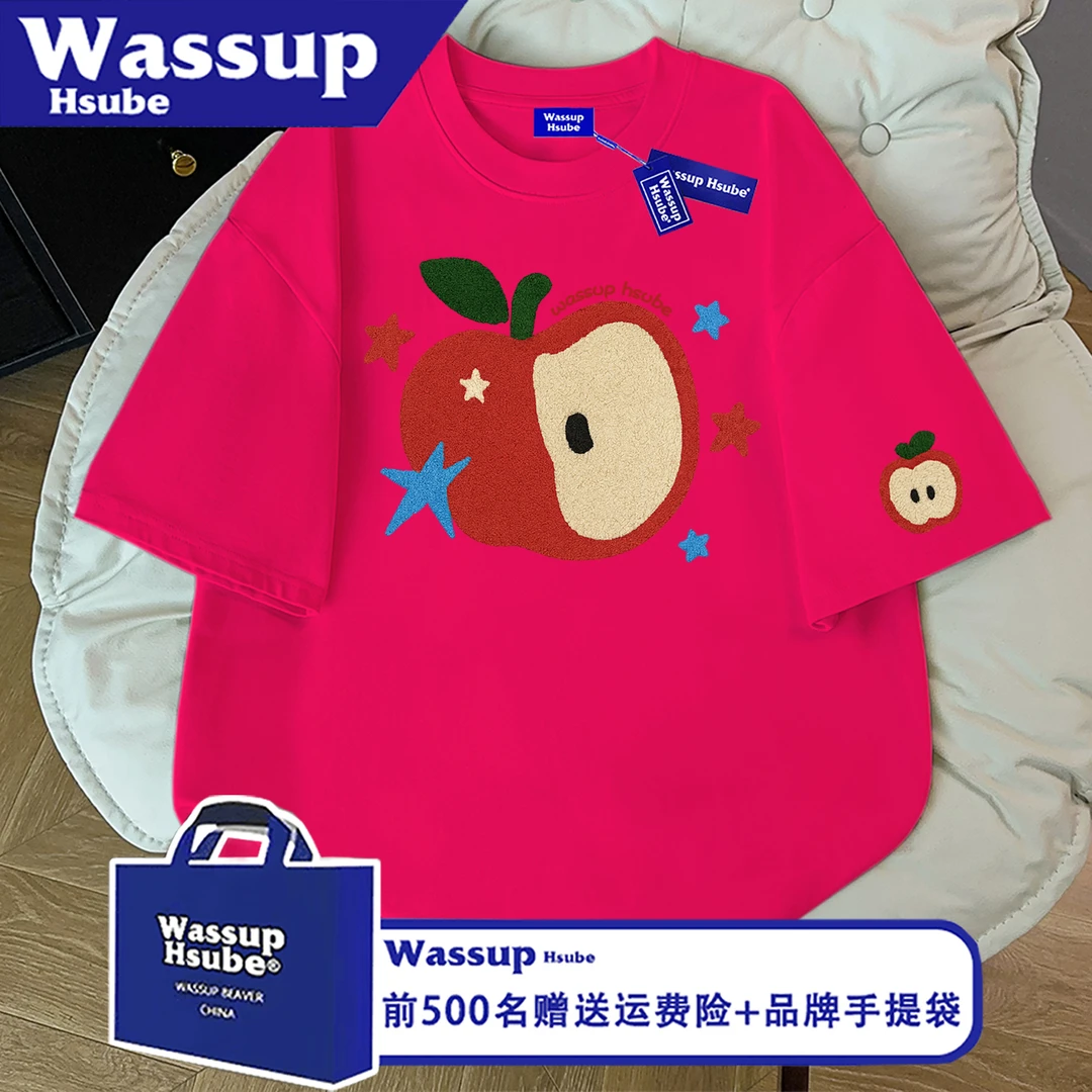 WASSUP HSUBE潮牌创意苹果星星印花短袖T恤男女夏美式宽松半袖tee