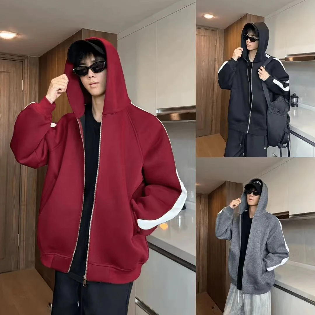 三七-【重磅高克重】秋季美式连帽卫衣男百搭休闲拼接运动开衫外套