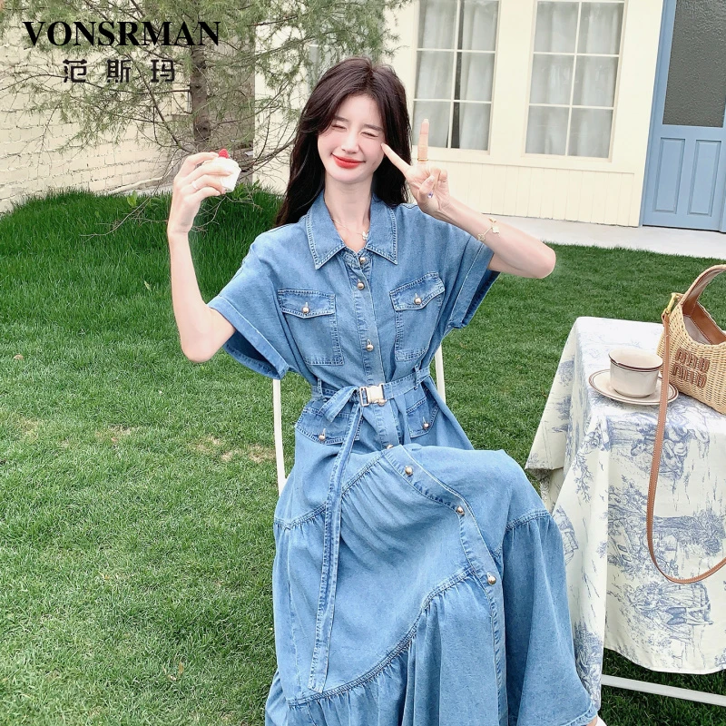 法式气质牛仔衬衫连衣裙女夏2025新款独特别致轻熟高级感收腰长裙