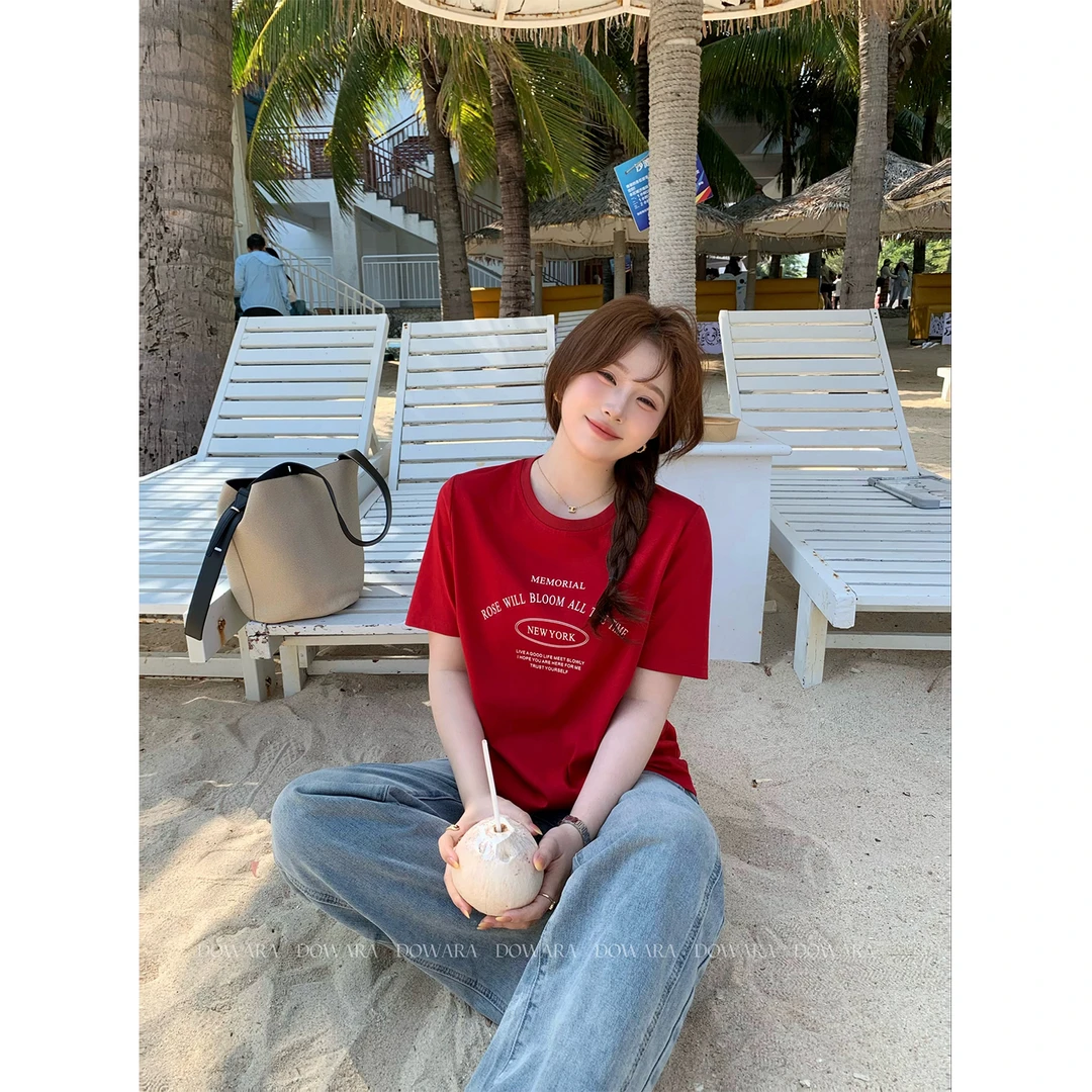 现货6492D大婉酱微胖定制好运连连韩系字母短袖T恤女宽松百搭上衣