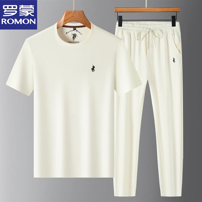罗蒙夏季男士运动休闲宽松套装圆领短袖T恤小马标长裤含棉两件套