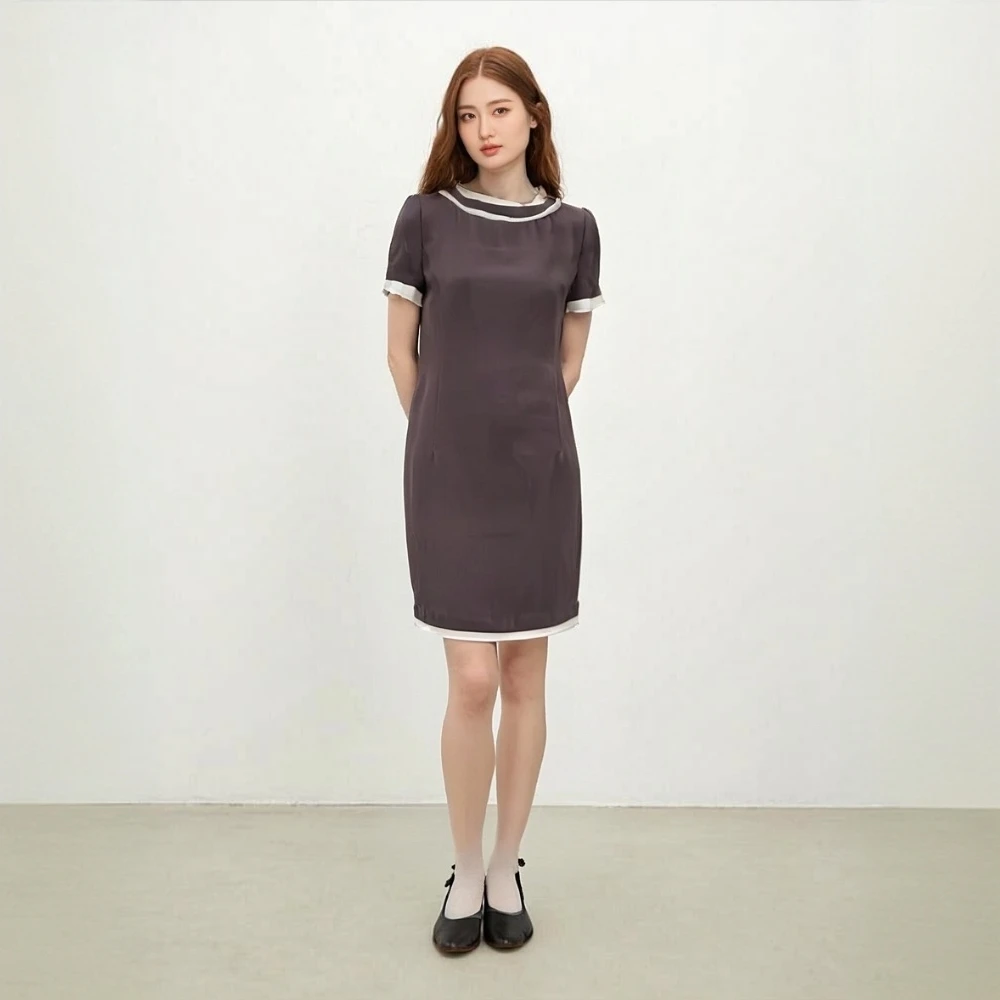夏季气质显瘦女神范小香风圆领短袖连衣裙
