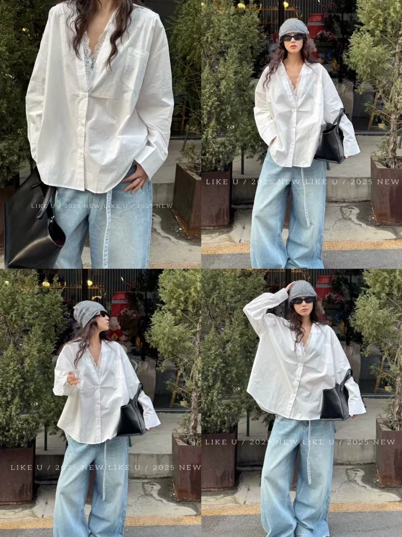 蕾丝花边拼接V领百搭衬衫长袖女装2025春季新款